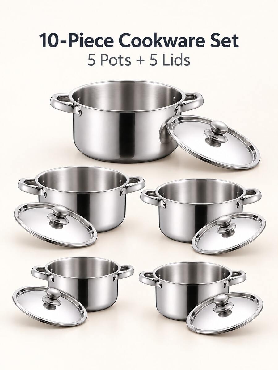 5 Pots And 5 Lids Stainless Steel Cookware Set, 10-Piece Silver Kitchen Set With Five Pot Sizes, Riveted Side Handles And Dome Lid Knobs For Preparing Soups, Stews, Pasta And Vegetables For Family Meals At Home,Kitchen,Pots And Pans Set - View 1