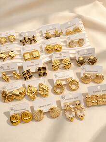 24pcs/Set Minimalist French Style Stainless Steel Earrings For Women, Including Heart, Bow And Geometric Shapes, Suitable For Holiday Wear, Fashionable Women's Earring Set - Multicolor - View 5