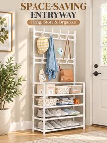 1pc White 2-In-1 Coat Rack And Shoe Rack, Space-Saving Freestanding Entryway Storage Rack With Multiple Hooks And Open Shelves, Multi-Functional Coat, Hat, Handbag, Shoe And Clothing Organizer, Suitable For Bedroom, Living Room, Hallway, Apartment, College Dorm, Small Space And Closet, Compact Vertical Storage Rack, Daily Home Organization, Back To School, Autumn/Winter Essential, Christmas, Halloween Home Gift - Multicolor - View 1