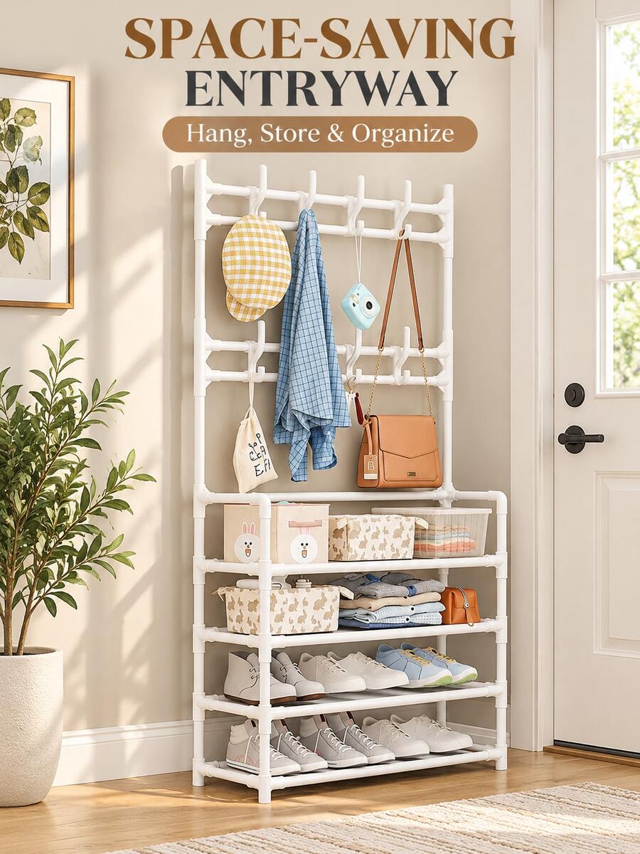 1pc White 2-In-1 Coat Rack And Shoe Rack, Space-Saving Freestanding Entryway Storage Rack With Multiple Hooks And Open Shelves, Multi-Functional Coat, Hat, Handbag, Shoe And Clothing Organizer, Suitable For Bedroom, Living Room, Hallway, Apartment, College Dorm, Small Space And Closet, Compact Vertical Storage Rack, Daily Home Organization, Back To School, Autumn/Winter Essential, Christmas, Halloween Home Gift - Multicolor - View 1