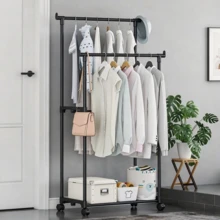 1pc Double Rod Mobile Clothes Drying Rack With Wheels, Simple Freestanding Garment Rack For Indoor Clothes Hanging, Suitable For Bedroom, Balcony And Cloakroom Use - A - View 3