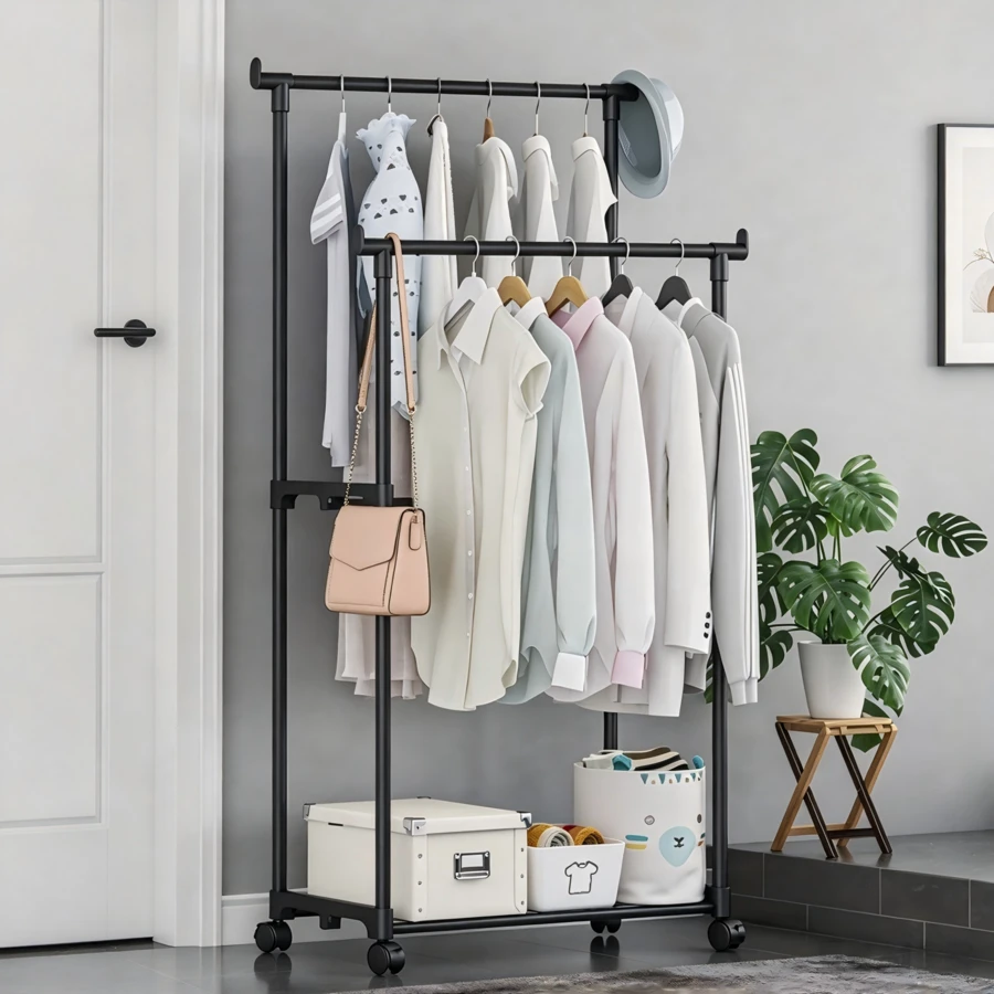 1pc Double Rod Mobile Clothes Drying Rack With Wheels, Simple Freestanding Garment Rack For Indoor Clothes Hanging, Suitable For Bedroom, Balcony And Cloakroom Use - A - View 1