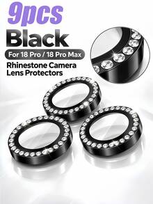 9Pcs Rhinestone Metal Camera Lens Protector Compatible With IPhone 18 Pro/18 Pro Max Decorative Diamond Lens Ring Protection, HD Clear Tempered Glass Camera Cover, Scratch Resistant Lens Protective Film - Black - View 2