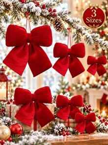 3 Sizes Red Plush Christmas Bow Decorations, Large, Medium, Small Plush Hanging Bows For Christmas Tree Top, Suitable For Christmas Tree, Wreath, Door, Fireplace Mantel, Holiday Party Home Decor, Gift Wrapping And Wedding Decoration - Red - View 1