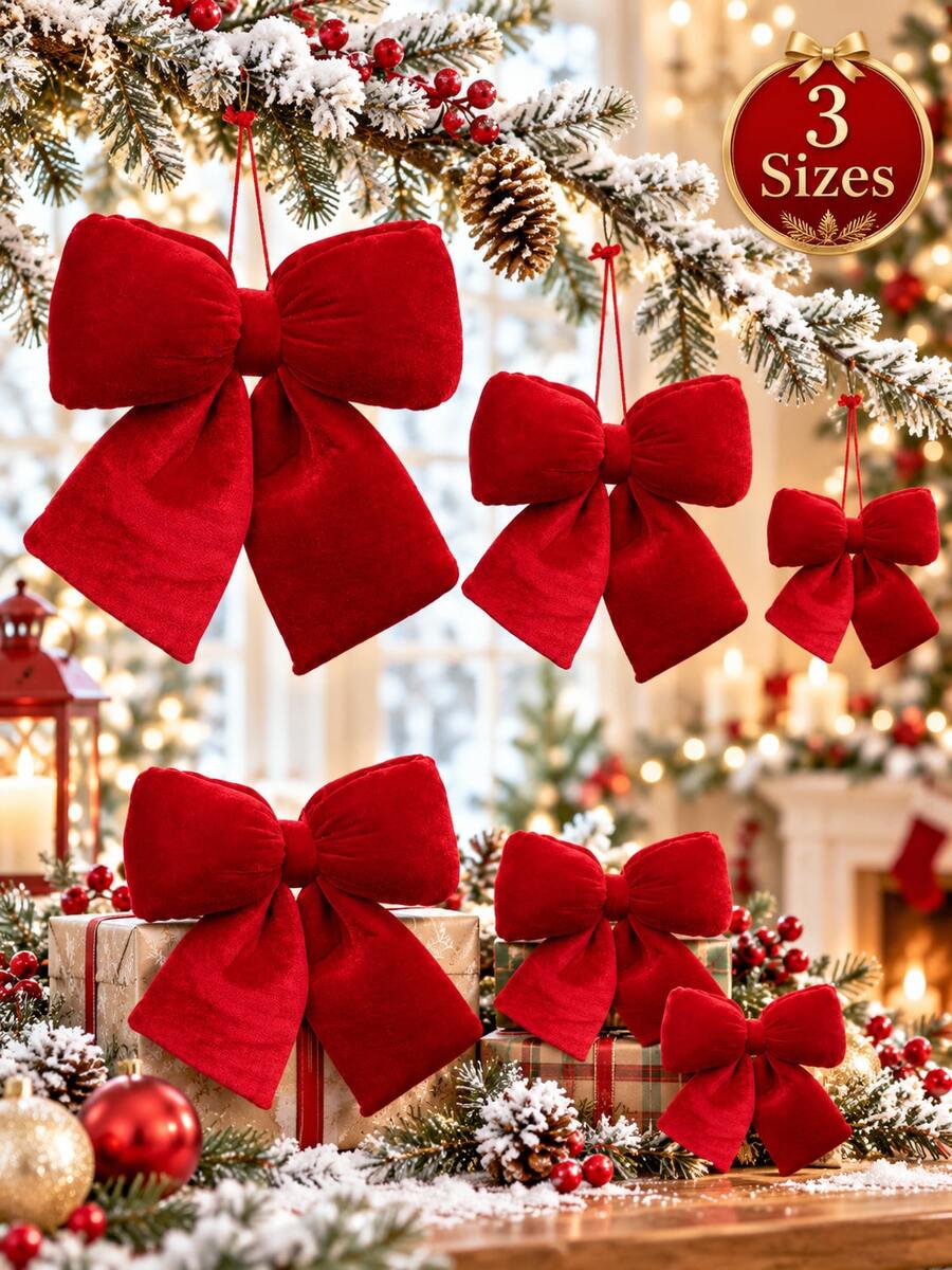 3 Sizes Red Plush Christmas Bow Decorations, Large, Medium, Small Plush Hanging Bows For Christmas Tree Top, Suitable For Christmas Tree, Wreath, Door, Fireplace Mantel, Holiday Party Home Decor, Gift Wrapping And Wedding Decoration - Red - View 1