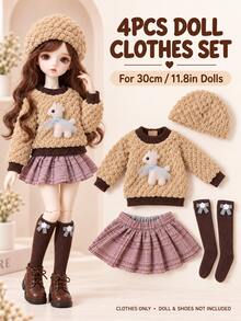 4pcs/Set 11.8 Inch/30cm Doll Clothes Outfit, Lavender Dress, Apron, Rabbit Ear Headband And Socks, Fashion Doll Outfit, Clothes Only - Multicolor - View 1