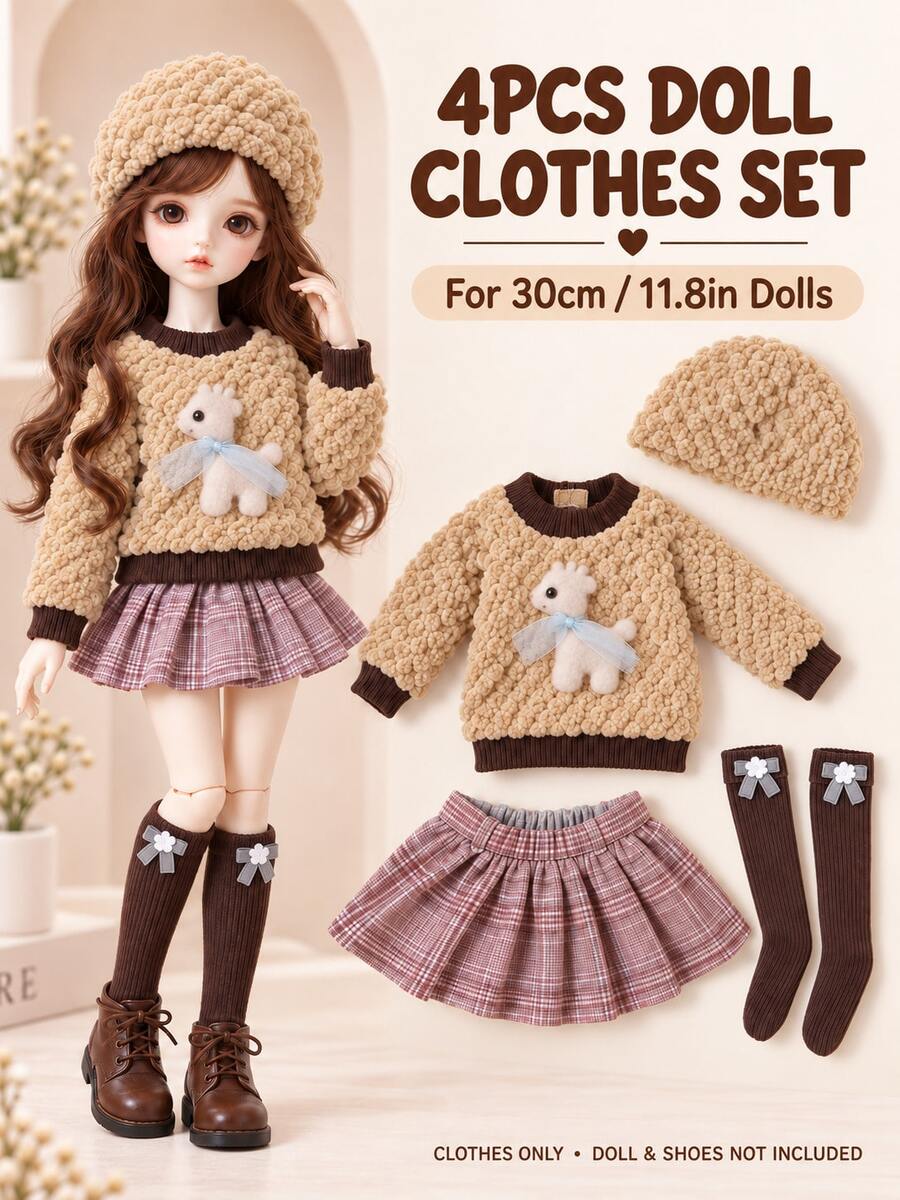 4pcs/Set 11.8 Inch/30cm Doll Clothes Outfit, Lavender Dress, Apron, Rabbit Ear Headband And Socks, Fashion Doll Outfit, Clothes Only - Multicolor - View 1
