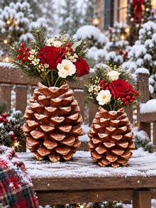 1pc Christmas Pine Cone Vase Decor Ornament, Vintage Style Holiday Centerpiece Decoration, Suitable For Flowers, Fireplace Mantel, Dining Table And Winter Home Decor, Available In 2 Sizes - A - View 3