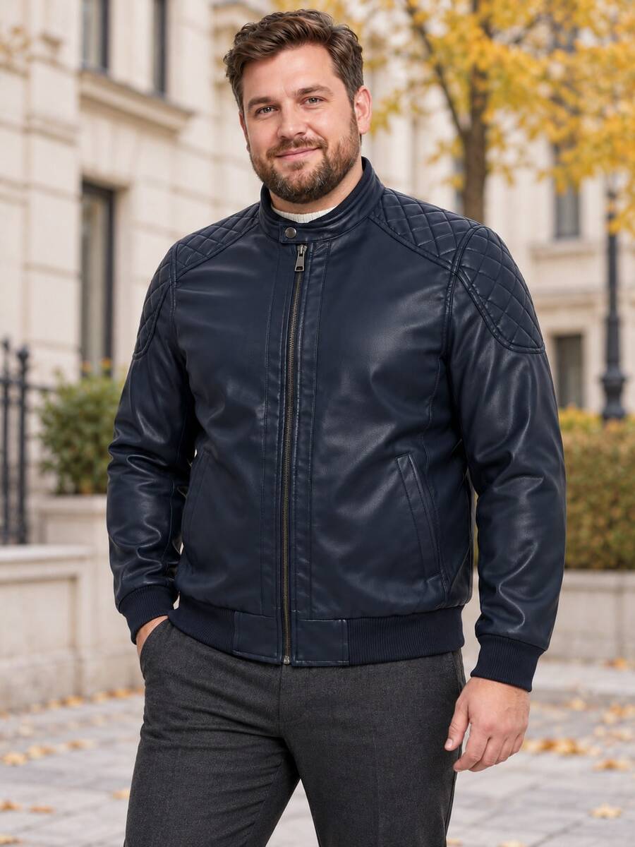 جاكيت جلد صناعي للرجال مقاس كبير، بياقة واقفة وأكتاف مبطنة وسحاب أمامي، ستايل بومبر - الأزرق - مشاهدة 1