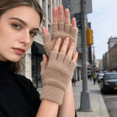 1 Pair Solid Color Casual Cute Party Polyester Jacquard Fuzzy Soft Knit Half Finger Gloves For Outdoor, Casual, School, Spring/Autumn Study And Winter