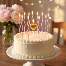 13pcs Pink Wavy Thin Birthday Candles With 1pc Gold Heart-Shaped Candle, Comes With White Holders For Easy Cake Placement - View 5