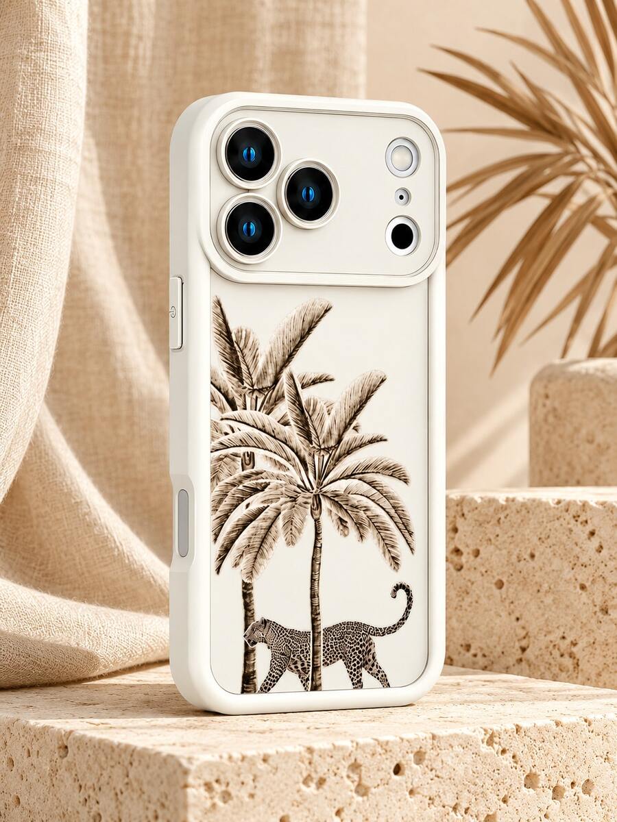 Palm Tree & Cheetah Phone Case, Cream White Tropical Jungle Animal Line Art Print Protective Shell, Vintage Natural Vacation Style Phone Accessory Compatible With IPhone 18 Pro Max/18 Pro/17/16/15/14/13/12/11/Pro/Pro Max/X/XR/XS/XS Max/7/8/Plus, Compatible With Samsung/Honor - Multicolor - View 1