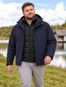 Plus Size Men 2 Pieces Hooded Puffer Jacket, Removable Inner Quilted Liner, Outdoor Warm Winter Coat - Navy Blue - View 4