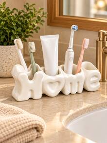 創意「HOME」字母牙刷架，附愛心裝飾，多格牙刷與牙膏收納架，適合農舍風浴室洗手台裝飾，入厝禮物 - 奶白色 - 查看 5