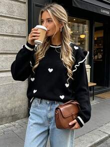 Elegant Elegant Heart Contrast Color Patchwork Pullover Sweater With Ruffle Design, Loose Fit Versatile Long Sleeve Casual Knit Top For Women, Autumn/Winter Valentine's Day Date - Black - View 3
