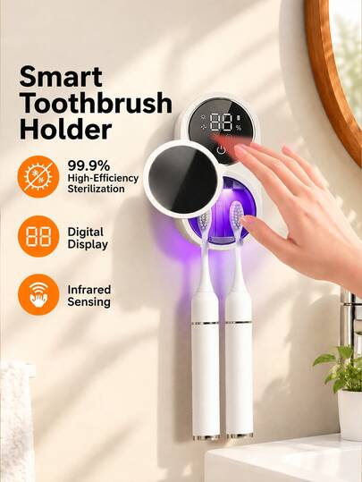 FIYIBAN 1pc Smart UV Toothbrush Sanitizer & Storage Rack, Wall-Mounted Automatic Dust Cover With Digital Display, Type-C Rechargeable Disinfection Box, Holds 2 Toothbrushes For Bathroom Organization