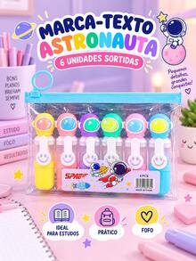MARCA-TEXTO PANDA OU ASTRONAUTA 6 UNIDADES CORES SORTIDAS PAPELARIA CRIATIVA PARA ESCOLA ESTUDOS CADERNO PLANNER E PRESENTE - MARCA TEXTO ASTRONAUTA - Visão 8