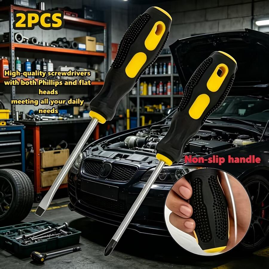 2pcs Magnetic Screwdriver Set, And Flat Head, Non-Slip Ergonomic Handle, Home Repair And DIY Tools, Men's Gift