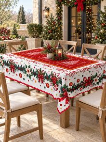 1pc Poinsettia Christmas Tablecloth, Red & White Candy Cane, Bow, Holly Berry & Snowflake Print, Polyester Christmas Table Cover, Christmas Dining Table Decor For Holiday Dinner, Christmas Party & Kitchen Decoration - Multicolor - View 3