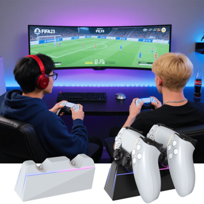 P5 Controller Dual Charging Dock With RGB Light, Fast Charge, Type-C Port, ABS Black, For Desk Setup Lovers & RGB Fans