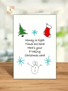 1pc Funny Rude Christmas Greeting Card, Money Is Tight Times Are Hard Hand Drawn Xmas Card With Red Envelope, Novelty Humorous Holiday Card, Cute Doodle Snowman Tree Sock Design, Joke Christmas Gift Card For Friends Party Supplies - One Size Fits All - View 6