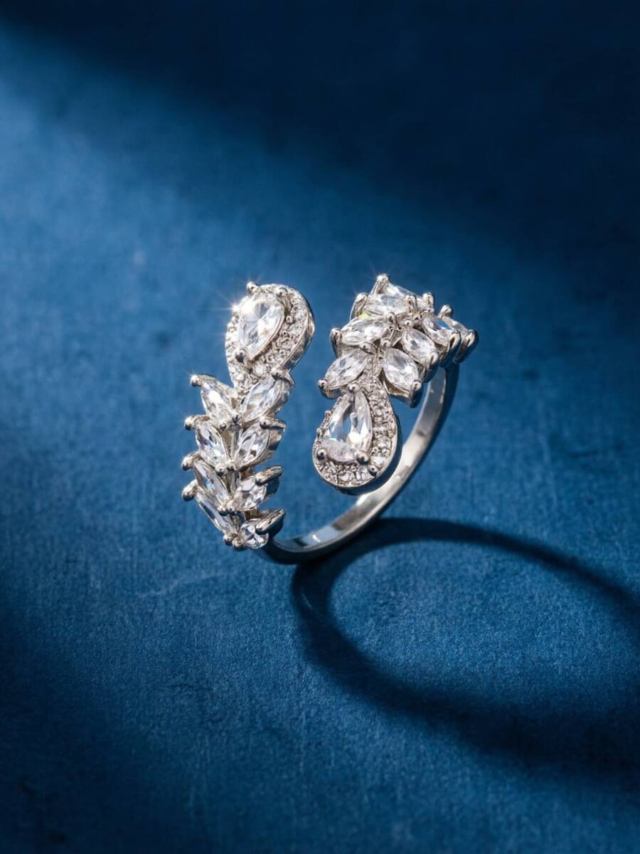 1pc Luxury Leaf & Water Drop Zirconia Open Ring For Women, Multi-Pear Shaped Sparkling Rhinestones Twisted Adjustable Finger Ring, Wedding Banquet Atmosphere Jewelry, Ramadan & Eid Gift - Silver - View 1