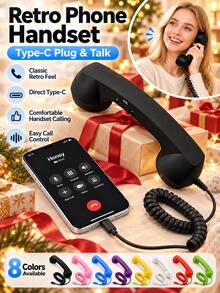 New Retro Phone Handset For Type-C , Wired Retro Phone Handset, Built-In Microphone, Volume Control, Coiled Cord, Type-C Classic Wired Plug In Handheld Cell Phone For Calls, Mobile Video Conferences, Meetings - View 2