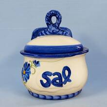 Saleiro Azul De Cerâmica Com Tampa Decorado a Mão Flores Para Parede - Azul - Visão 5