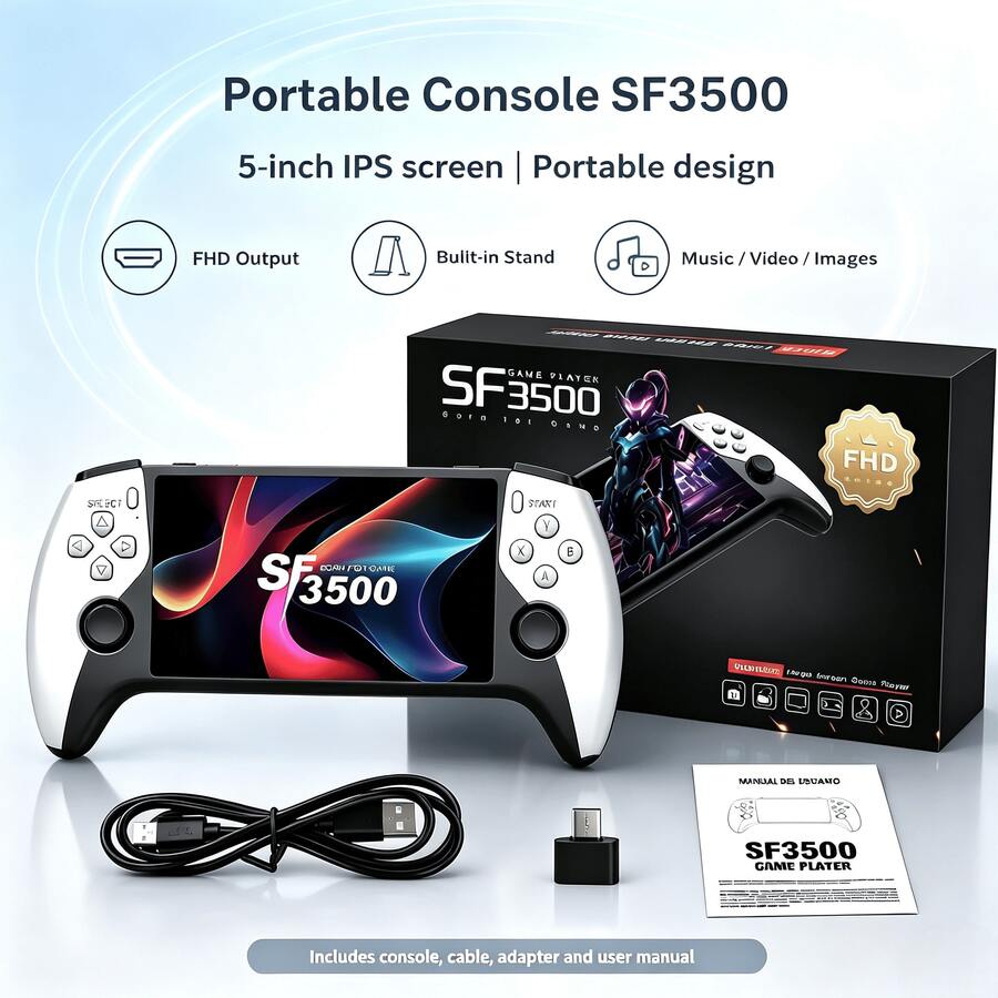 SF3500 Retro Handheld Game Console 5-Inch IPS Screen FHD TV Output Video Game Play - View 1