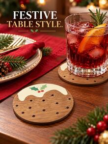 6pcs/Set Christmas Themed Round Wooden Coaster, Festive Heat-Resistant Cup Mat And Table Protector For Coffee Mugs, Tea Cups And Drinks, Decorative Holiday Tableware For Kitchen, Dining Table, Christmas Party And Home Decor - View 6