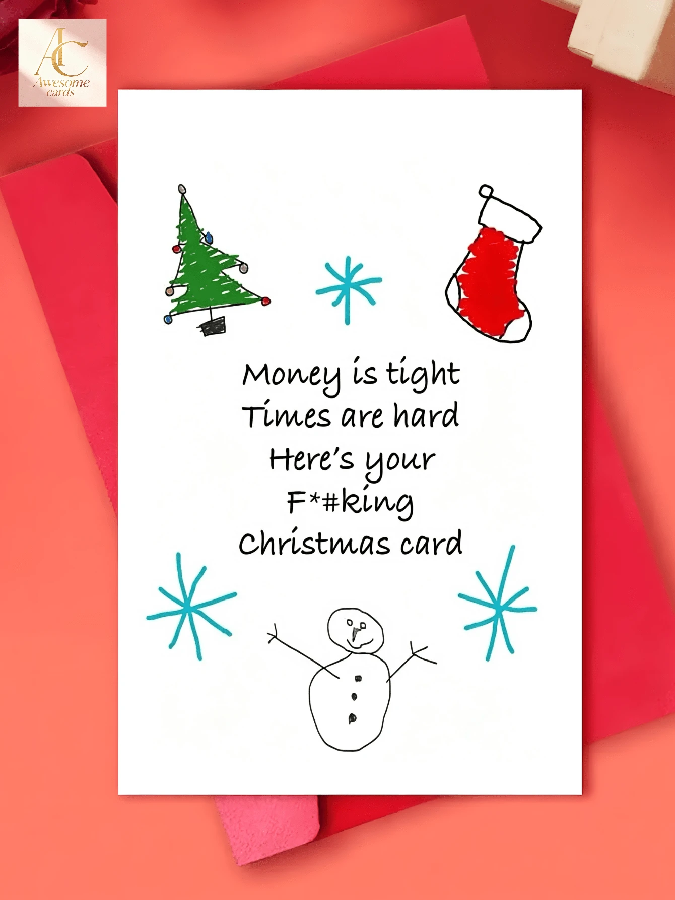 1pc Funny Rude Christmas Greeting Card, Money Is Tight Times Are Hard Hand Drawn Xmas Card With Red Envelope, Novelty Humorous Holiday Card, Cute Doodle Snowman Tree Sock Design, Joke Christmas Gift Card For Friends Party Supplies - One Size Fits All - View 1