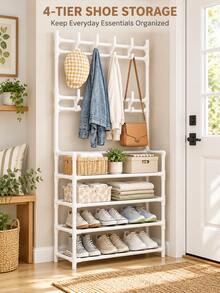 1pc White 2-In-1 Coat Rack And Shoe Rack, Space-Saving Freestanding Entryway Storage Rack With Multiple Hooks And Open Shelves, Multi-Functional Coat, Hat, Handbag, Shoe And Clothing Organizer, Suitable For Bedroom, Living Room, Hallway, Apartment, College Dorm, Small Space And Closet, Compact Vertical Storage Rack, Daily Home Organization, Back To School, Autumn/Winter Essential, Christmas, Halloween Home Gift - Multicolor - View 4