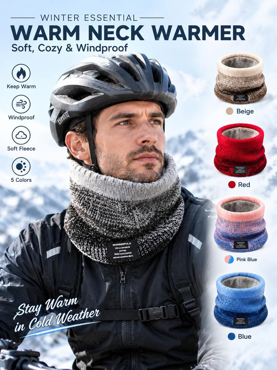 1pc Thick Fleece Lined Knitted Neck Warmer, Autumn/Winter Universal Pullover Scarf, Windproof Neck Guard Warm Face Mask, Cycling Neck Protector Windshield - Multicolor - View 1