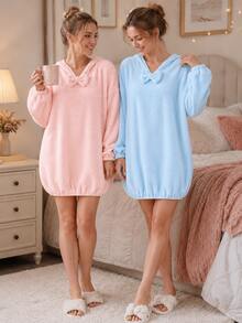 1pc Plush Fleece Bathrobe, Soft Warm Comfortable Plus Size Loungewear, Women's Long Sleeve Hooded Sleepwear, Suitable For Home Bedroom After Bath SPA Leisure Wear, Cold Mornings, Autumn/Winter - Multicolor - View 10