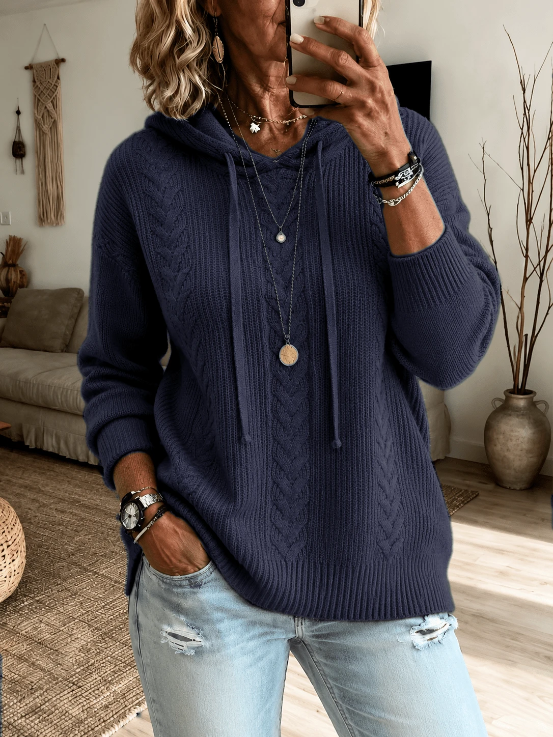 Plus Size Women's Long Sleeve Casual Drawstring Hooded Sweater - Royal Blue - View 1