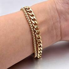 2pcs Stainless Steel Cuban Link Men's Bracelet, Minimalist Personalized Hip-Hop Style, Multi-Layer Stackable - Double-layer Bracelet - View 3
