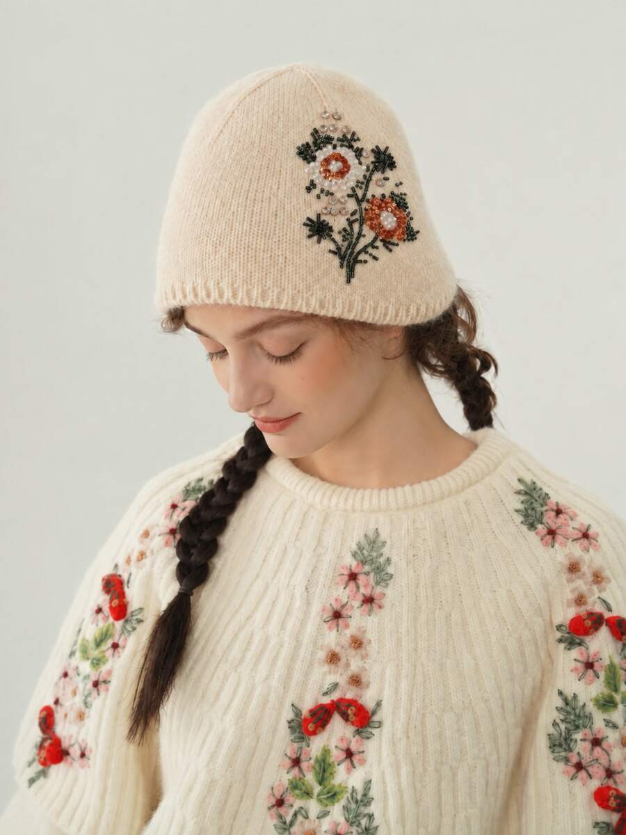1pc Minimalist Soft Blended Fabric 3D Beaded Floral Decor Knitted Hat, Women's Autumn/Winter Daily Outing - 3D Flower Design - View 1