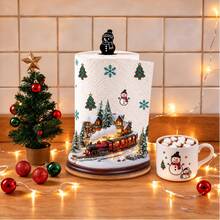 1pc Christmas Snowy Village Steam Train Paper Towel Holder, Acrylic Material Vertical Roll Paper Storage Rack, Kitchen Dining Table Decor Ornament, Easy Installation, Suitable For Christmas Party Home Room Decoration (Paper Towel Not Included) - A - View 2