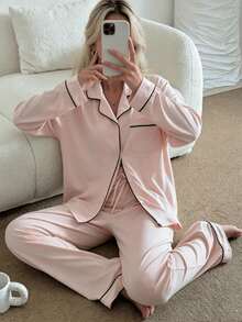 2pcs Women Notched Collar Long Sleeve Pajama Set - Comfortable Casual Sleepwear & Loungewear - Pink - View 2