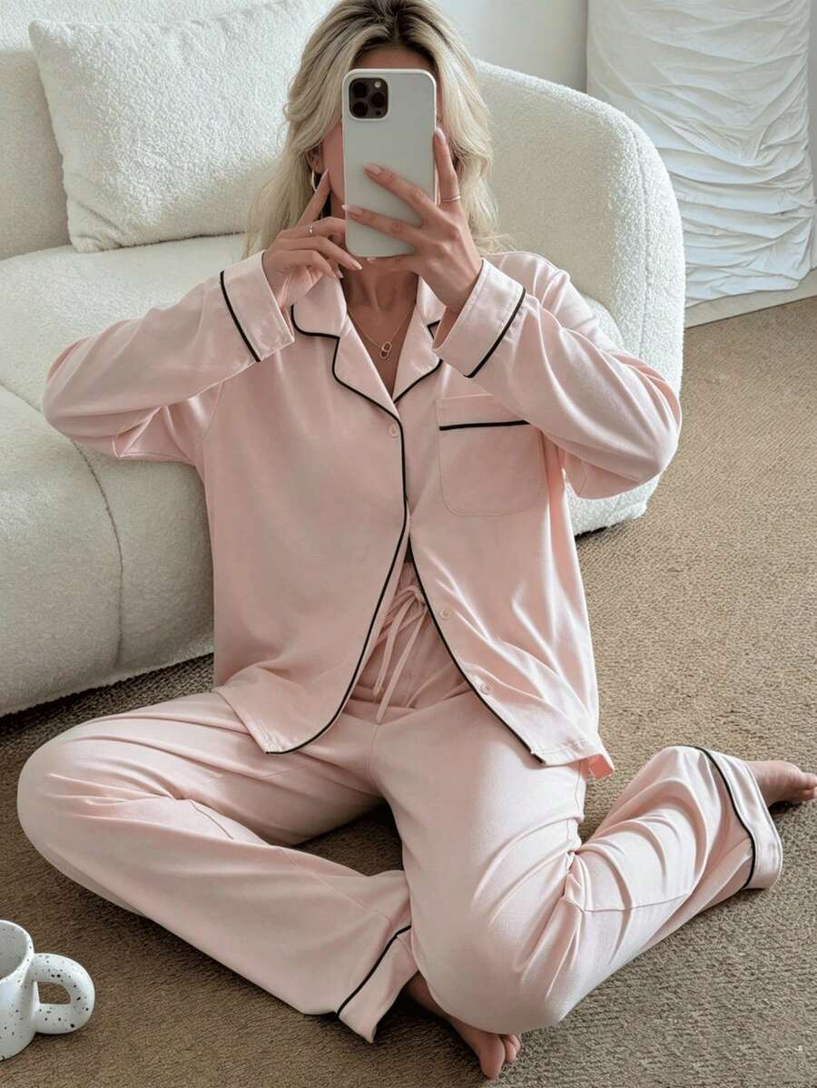 2pcs Women Notched Collar Long Sleeve Pajama Set - Comfortable Casual Sleepwear & Loungewear