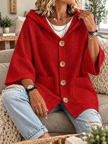 Plus Size Women's Waffle Knit Hooded Cardigan, Front Button Short Sleeve Loose Casual Textured Sweater Jacket, Autumn Daily Layering Outerwear - Red - View 4