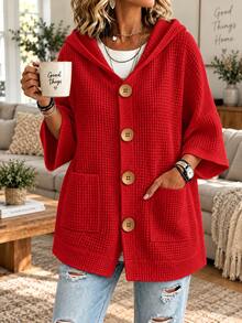 Plus Size Women's Waffle Knit Hooded Cardigan, Front Button Short Sleeve Loose Casual Textured Sweater Jacket, Autumn Daily Layering Outerwear - Red - View 3