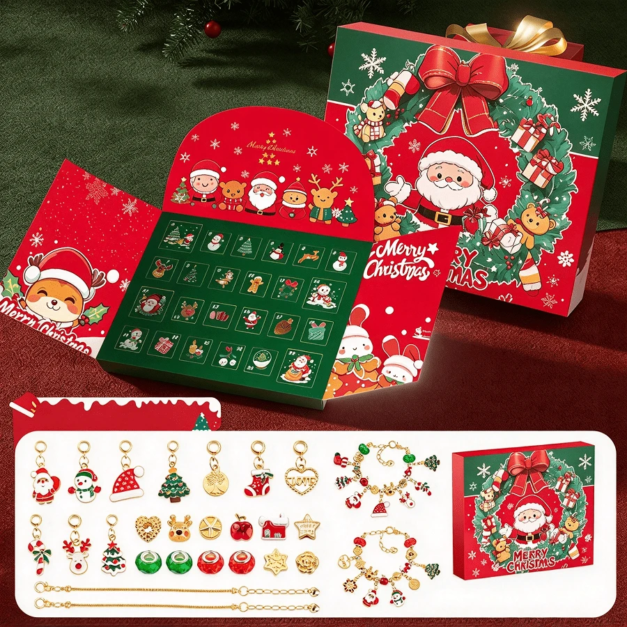 Christmas Advent Calendar 24 Day Countdown Surprise Box, Tear-Open Compartments With Assorted Xmas Charm Pendants, DIY Bracelet Making Set, Decorative Holiday Gift For Seasonal Gifting