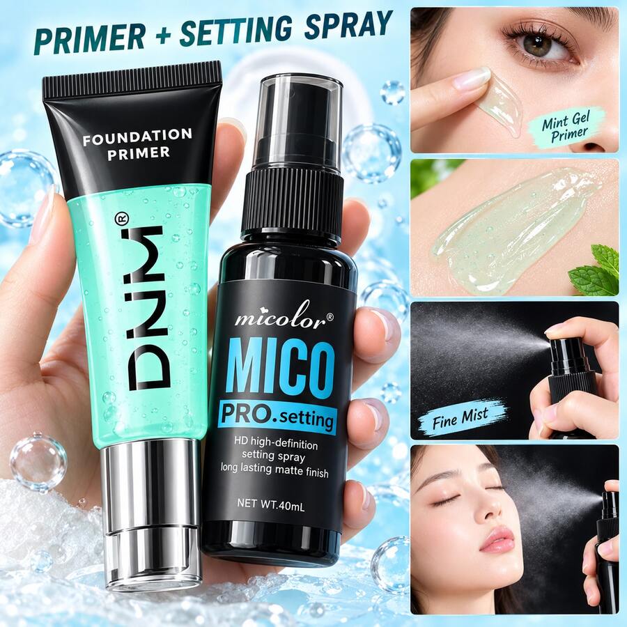 Primer & Setting Spray Set, Pump Design, Gel Primer Minimizes Pores & Smooths Skin, Long-Lasting Setting Spray Locks Makeup, Hydrating Flawless Base For Daily, Date, Party, Birthday Gift, All Skin Types