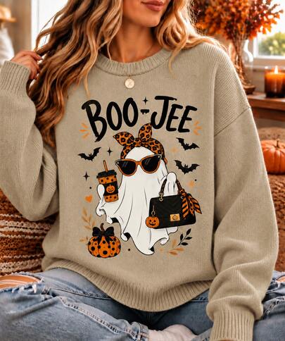 Boo-Jee Ghost With Sunglasses, Leopard Bow, Pumpkin, Bats, Drink And Handbag, Chic Halloween Outing Sweater, Fall Clothes For Women, Halloween Tops