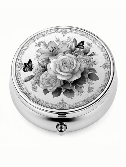 1pc Black & White Rose Butterfly Pattern Round Pill Box, Metal Portable Storage Case, 3-Compartment Clear Divider, Suitable For Storing Medicine, Vitamins, Earrings, Rings And Other Small Items, Compact And Lightweight, Perfect For Commuting, Travel, Camping And Daily Use, Exquisite And Durable