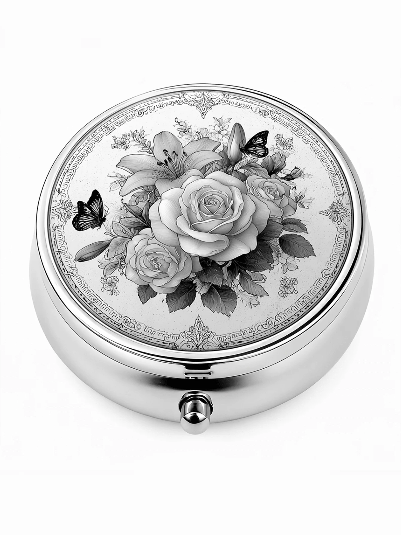 1pc Black & White Rose Butterfly Pattern Round Pill Box, Metal Portable Storage Case, 3-Compartment Clear Divider, Suitable For Storing Medicine, Vitamins, Earrings, Rings And Other Small Items, Compact And Lightweight, Perfect For Commuting, Travel, Camping And Daily Use, Exquisite And Durable