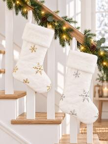 1pc White Christmas Stocking, Glitter Snowflake Plush Large Christmas Hanging Stocking Decoration With Name Tag, Suitable For Christmas Holiday Home Party Decoration - Multicolor - View 3