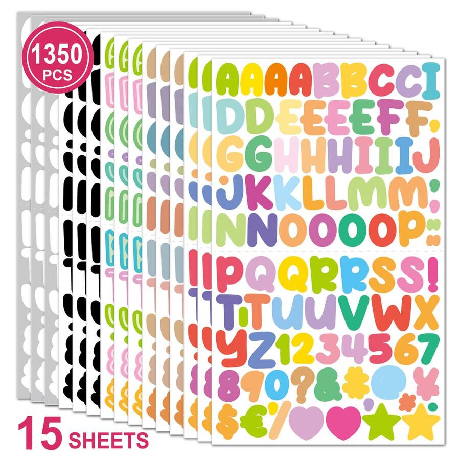 15 Buah/Set 1.350 Stiker Huruf Kartun 0,5 Inci untuk Jurnal, Stiker Huruf Guka Dekoratif - MultiWarna - View 1