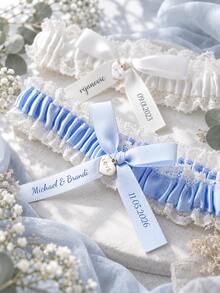 Personalized Bridal Garter, Custom Name & Date Handmade, Blue Lace Commemorative Bridal Gift, Gift For Her - Multi-color Heart Garter Socks - View 2
